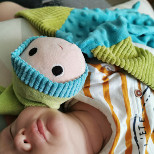 doudou lutin patati poour bébé bleu et vert qui fait le sieste avec un bébé. doudou pour bébé fabriqué en france de manière artisanaleseule la tête du doudous est rembourrée, il a deux yeux tout ronds et un petit sourire, une création 2 pommes et un mammouth